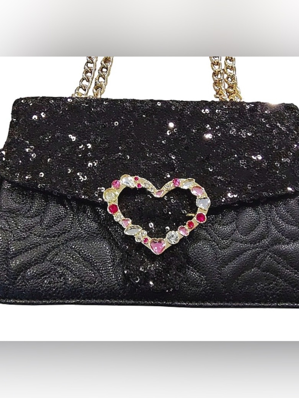 Betsey Johnson NWOT Black Sequined & Jeweled Heart Crossbody/Shoulder Bag